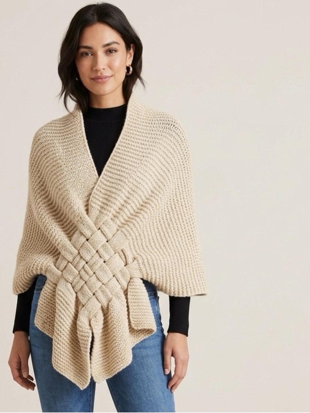 Handmade Knit Sweater Braided Pull Through Chunky Knit Wool Shrug Beige 20" EUC